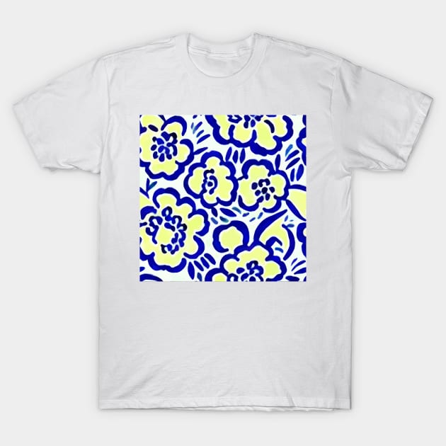 Blue and yellow retro florals T-Shirt by SophieClimaArt